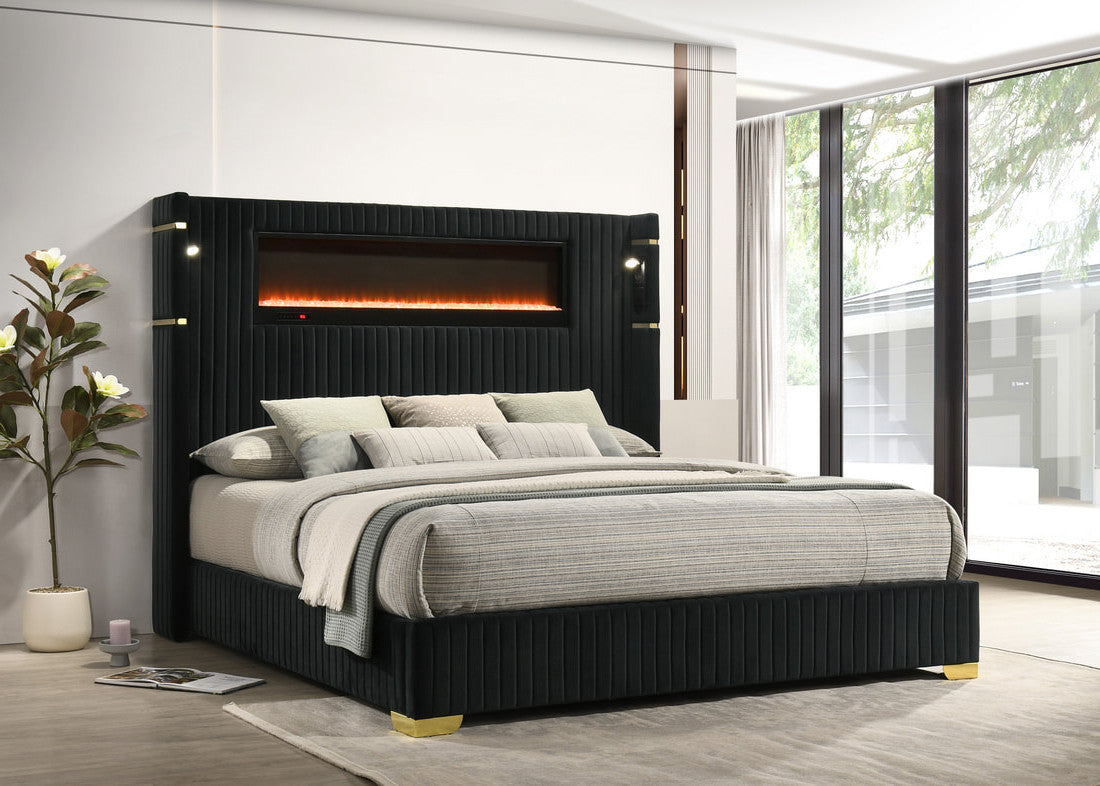 MILLIE Black Velvet Platform Bed with Fireplace & Bluetooth