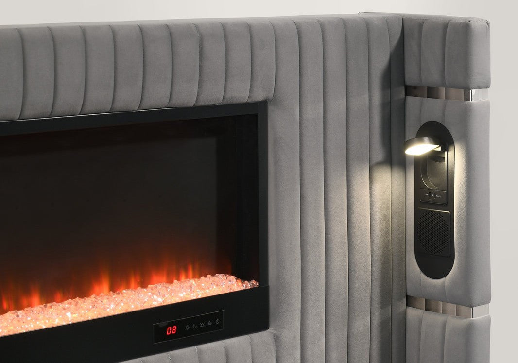 MILLIE Gray Velvet Platform Bed with Fireplace & Bluetooth