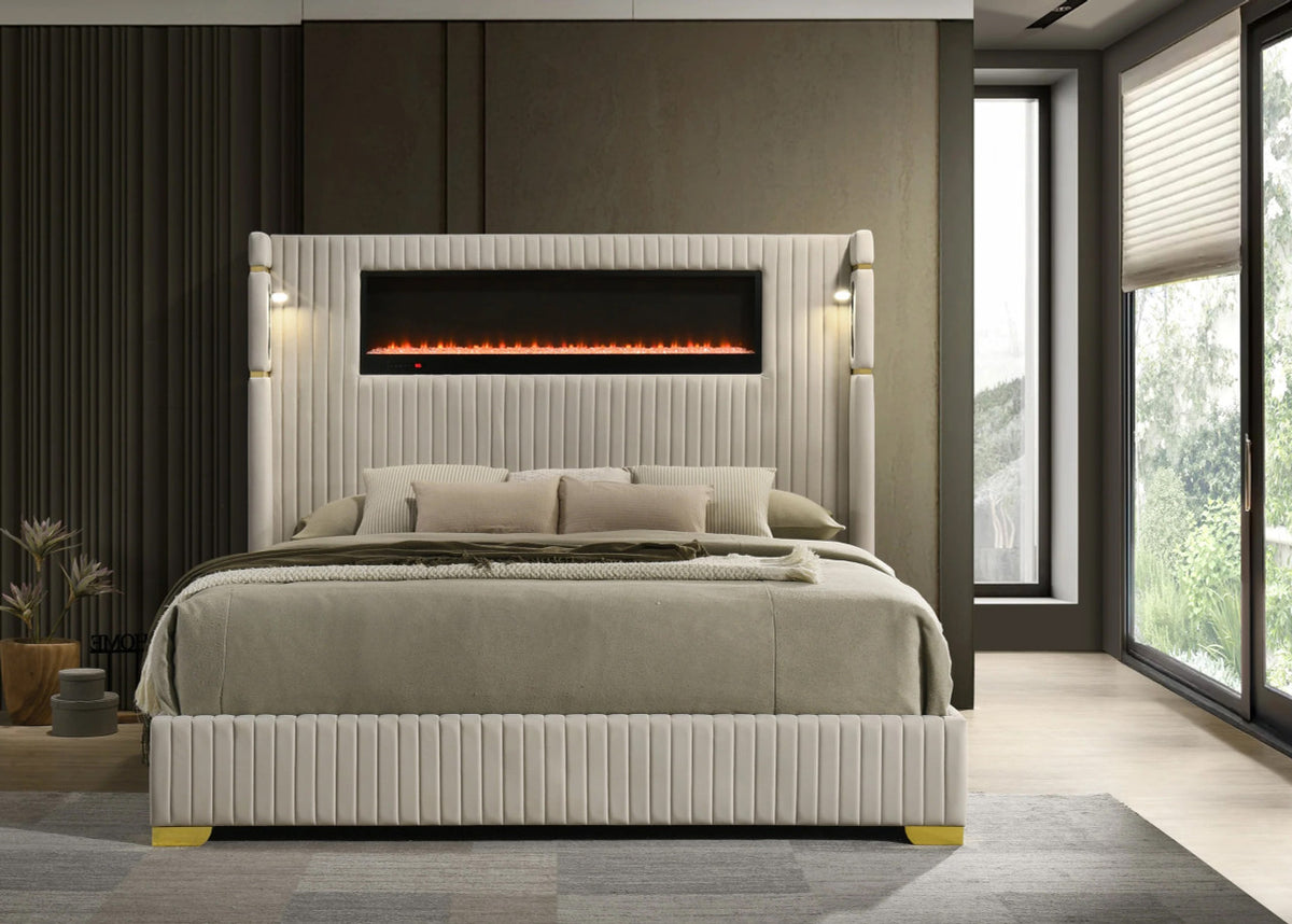 MILLIE Beige Velvet Platform Bed with Fireplace & Bluetooth