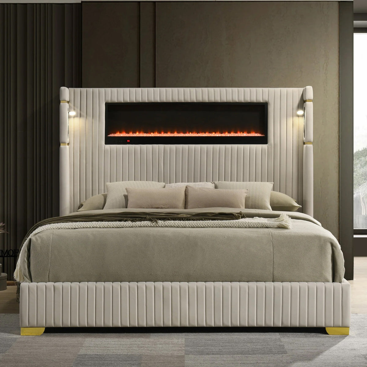 MILLIE Beige Velvet Platform Bed with Fireplace & Bluetooth
