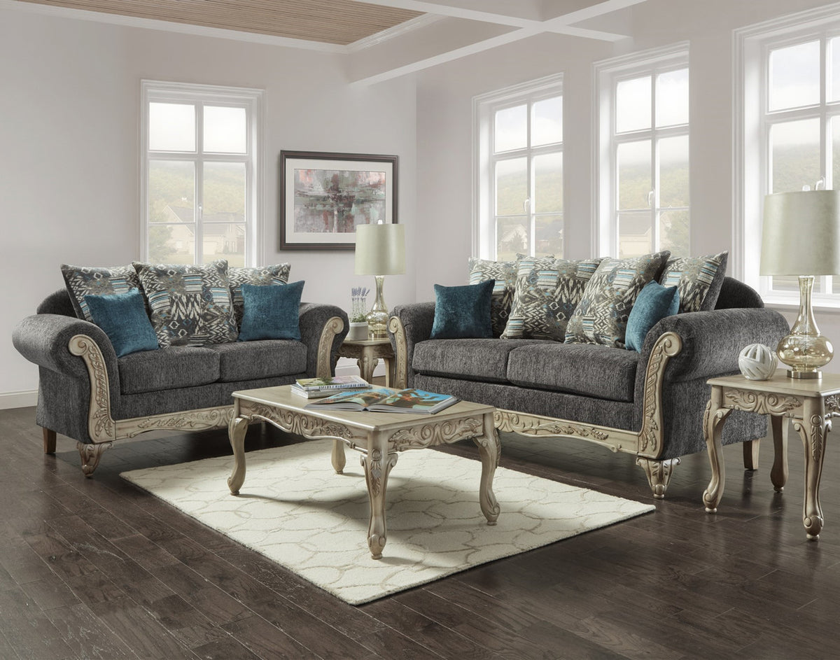 MIRAY Gray & Turquoise Sofa & Loveseat