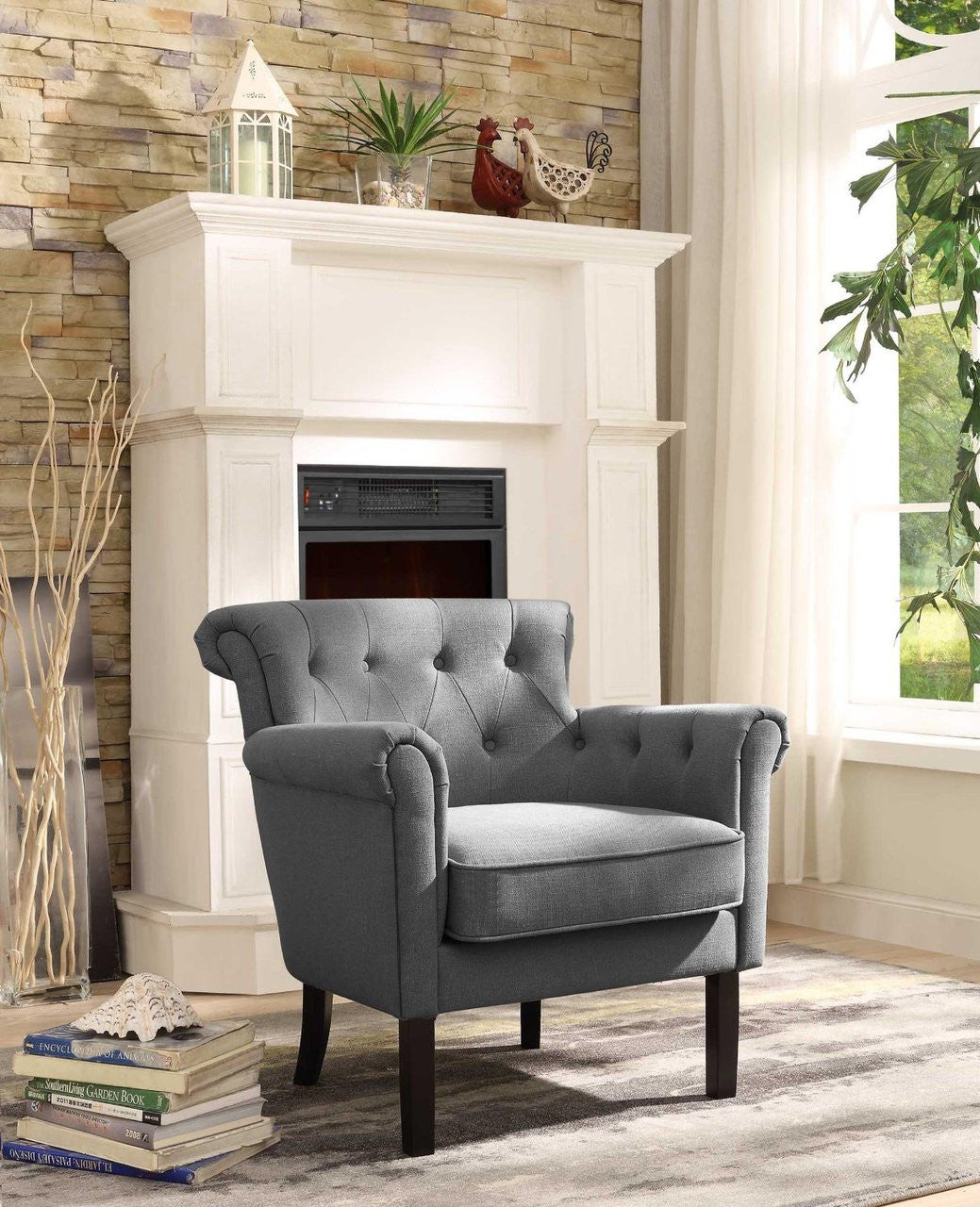 Melody Grey Fabric Tuffted Back Accent Arm Chair