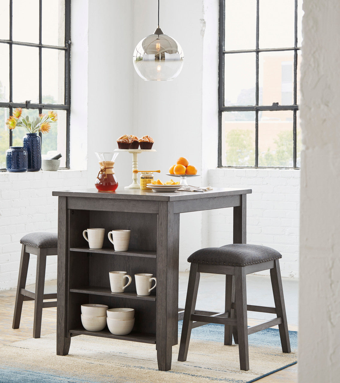 MOENNE Gray 36" Wide 3 Piece Counter Height Set
