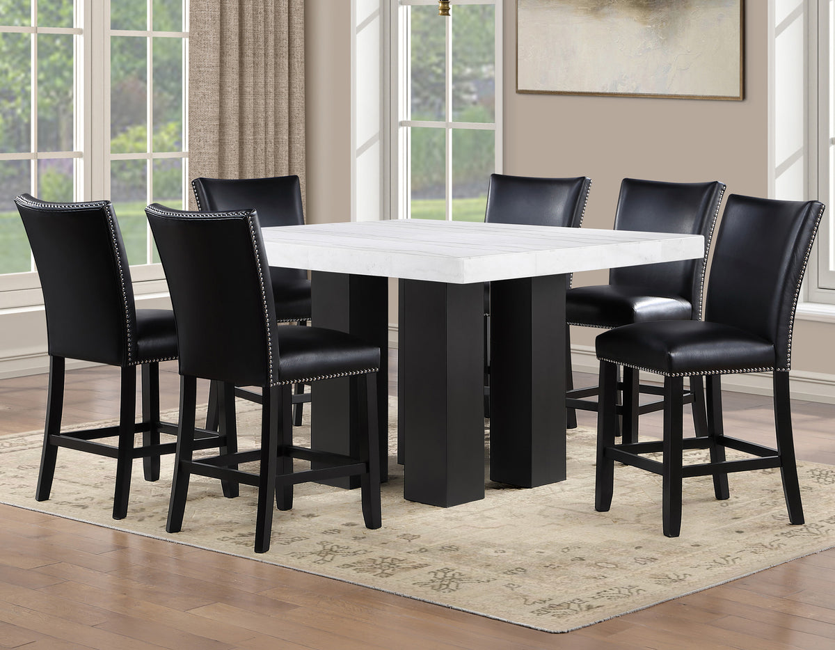 NUBIA White Marble & Black Chairs 9 Piece Counter Height Set