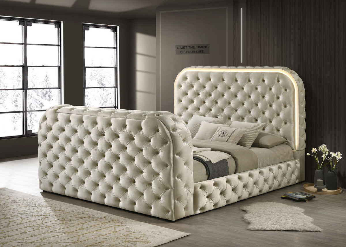 NAOMI LED Beige Velvet Platform Bed with Fireplace and Lift-Up TV Mount
