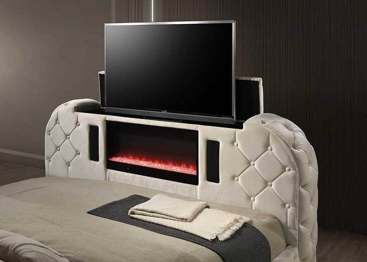 NAOMI LED Beige Velvet Platform Bed with Fireplace and Lift-Up TV Mount