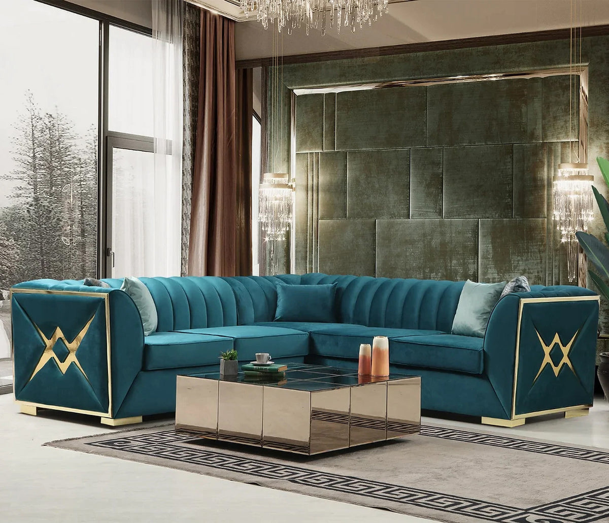 OROZCO Sea Foam Blue Velvet 99" Wide Sectional