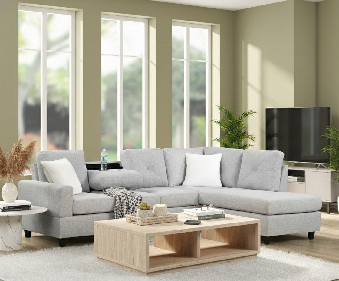 OZARK Light Gray Linen 102" x 74" Reversible Sectional with Drop-Down Table