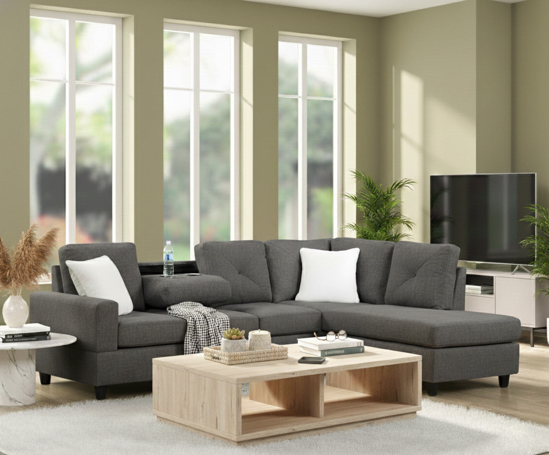 OZARK Dark Gray Linen 102" x 74" Reversible Sectional with Drop-Down Table