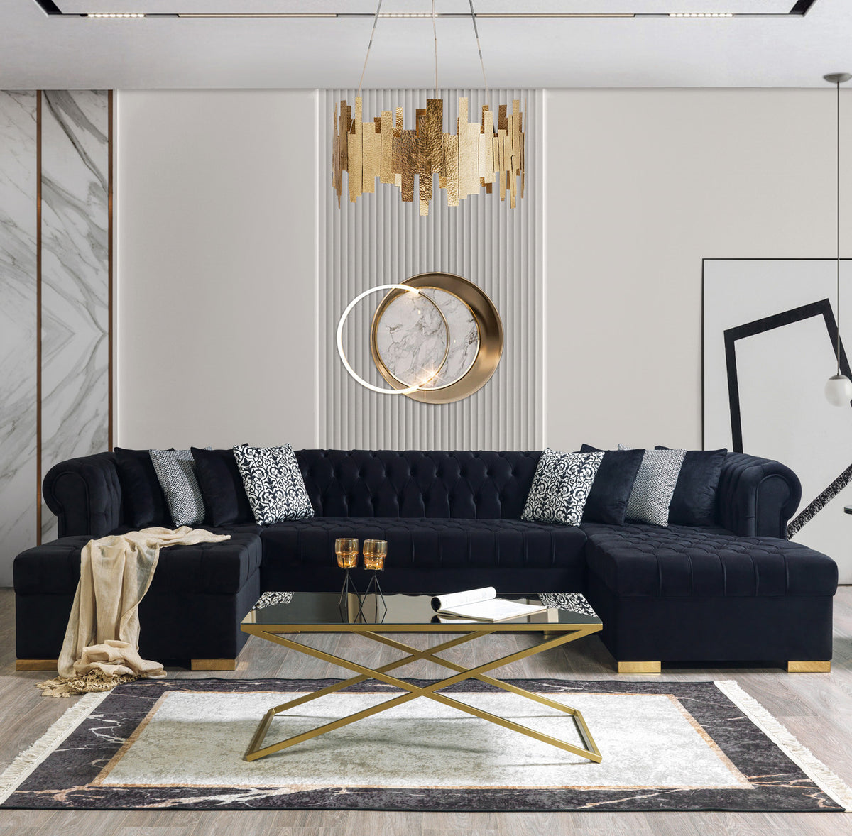 PACKARD Black Velvet 141" Wide Double Chaise Sectional