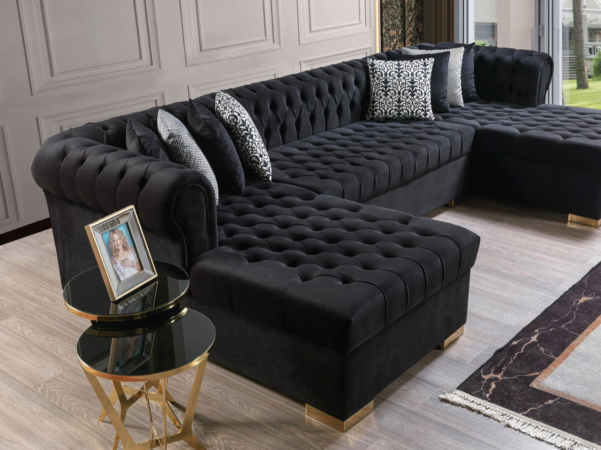 PACKARD Black Velvet 141" Wide Double Chaise Sectional