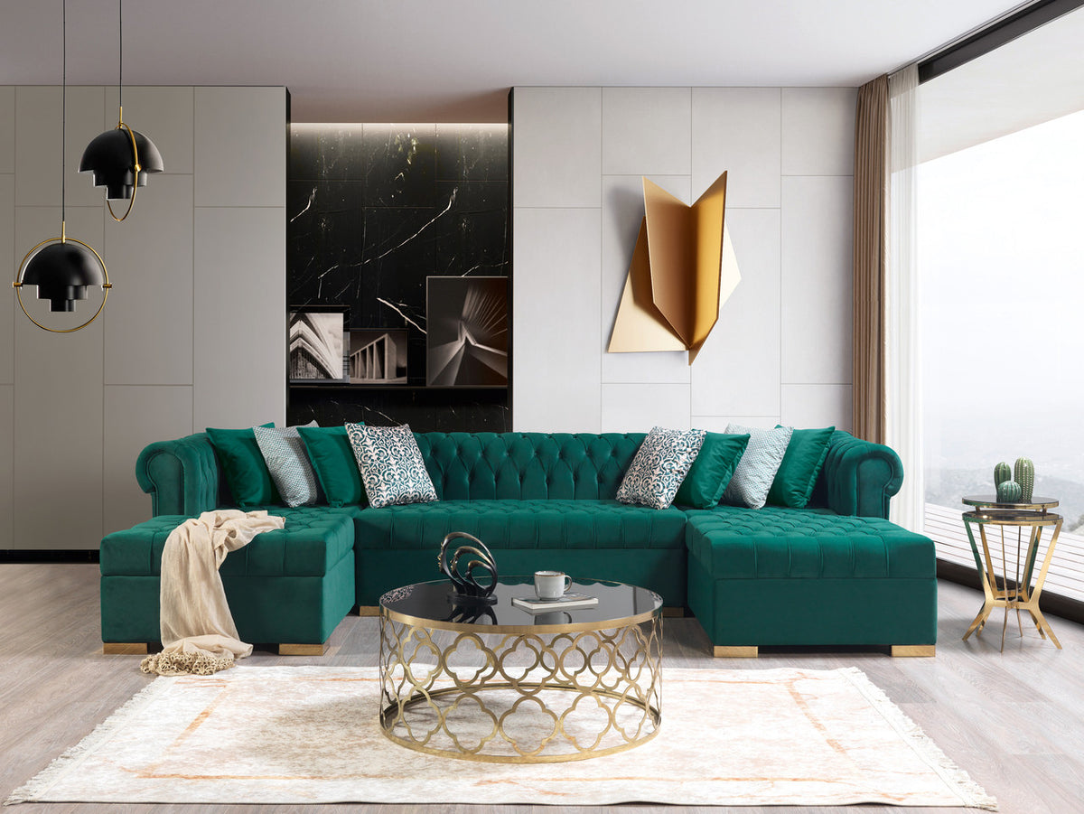 PACKARD Green Velvet 141" Wide Double Chaise Sectional