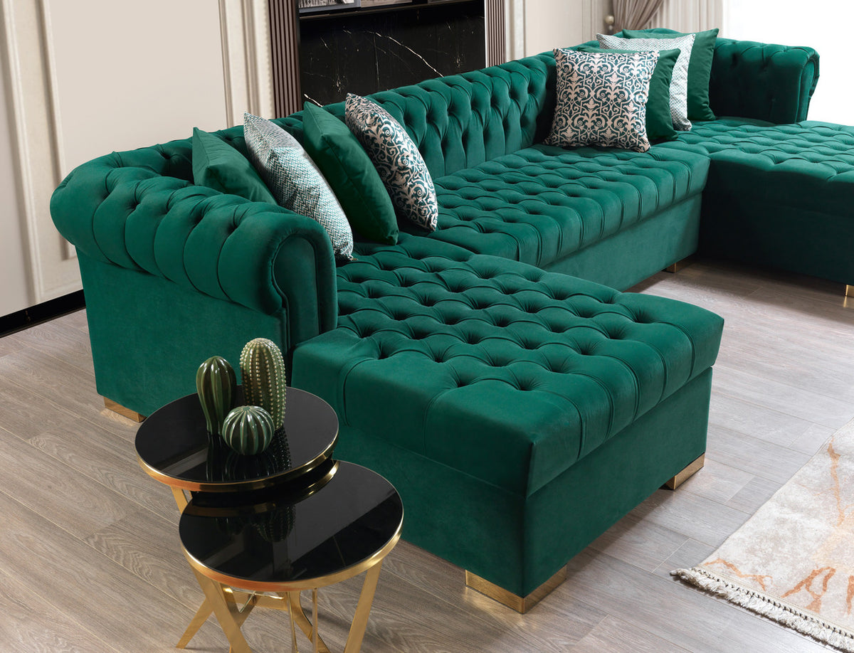 PACKARD Green Velvet 141" Wide Double Chaise Sectional