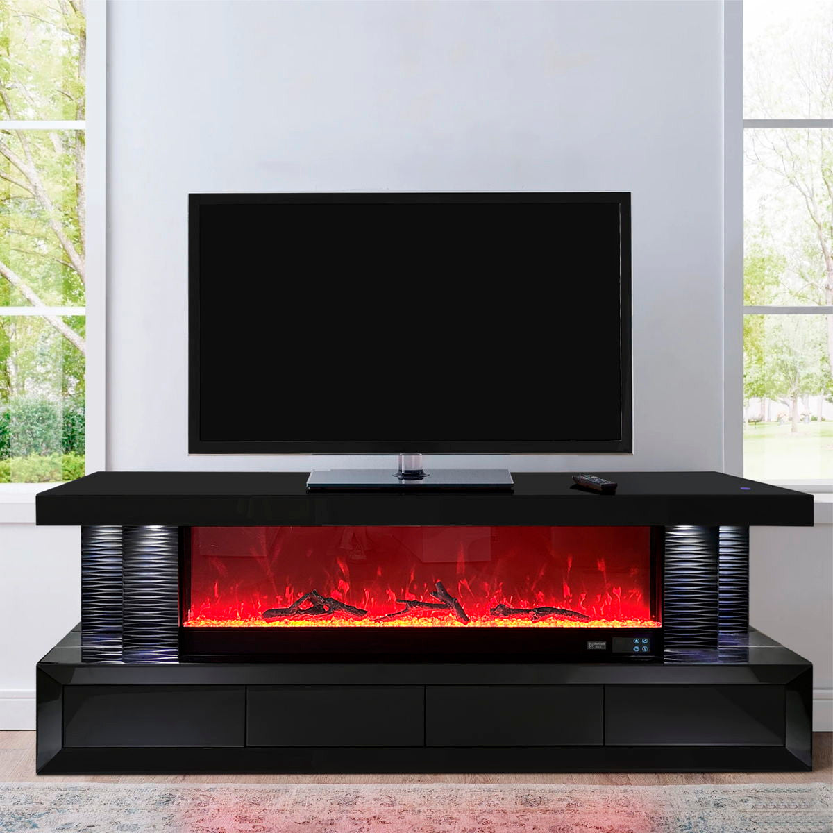 PALLISADE Black 71" Wide x 25" Height TV Stand with Fireplace & Bluetooth Speakers