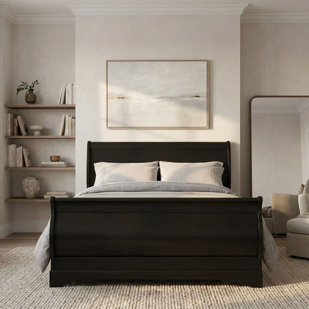 PARIS Glossy Solid Black 45" Height Sleigh Bed