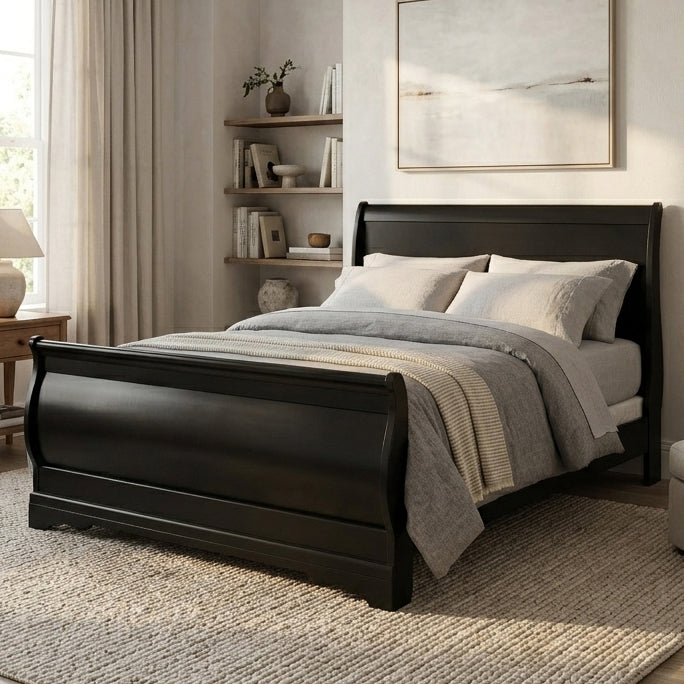 PARIS Glossy Solid Black 45" Height Sleigh Bed