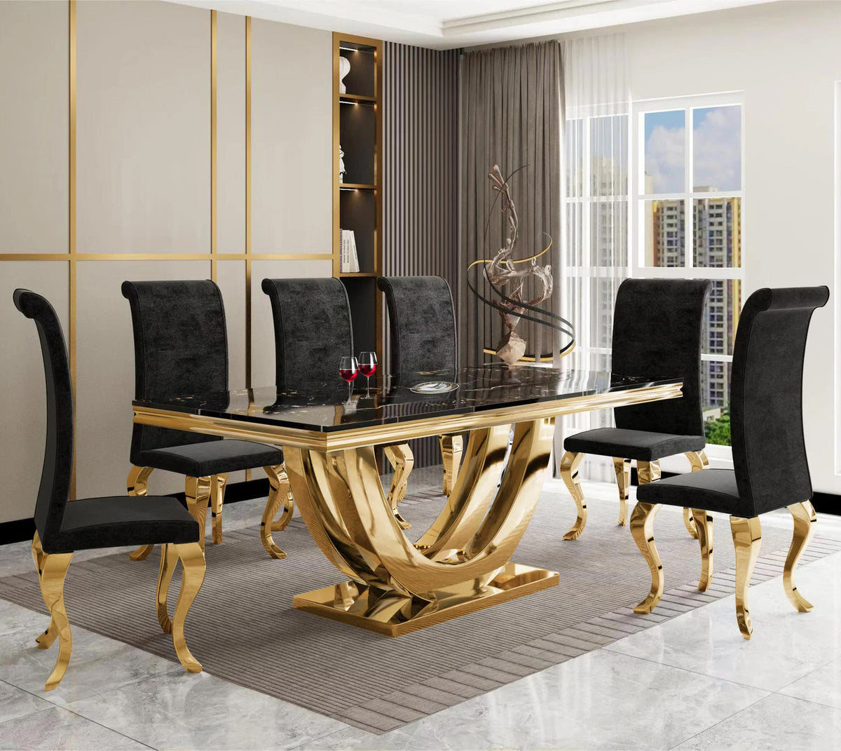 PATRIZIA Real Marble Black & Gold 7 Piece Dining Set