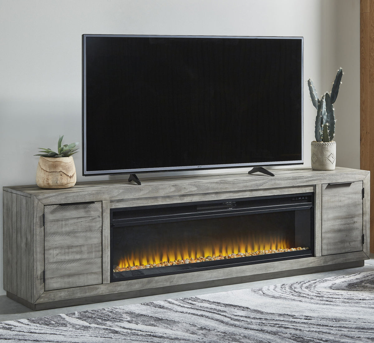PERALTA Gray 92 Inch Wide TV Stand with Fireplace