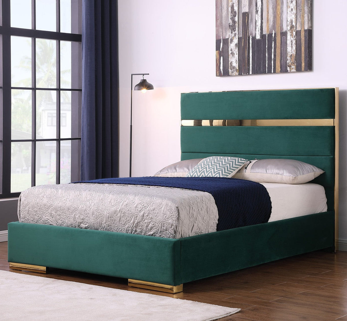 PIGUET Green Velvet & Gold Platform Bed