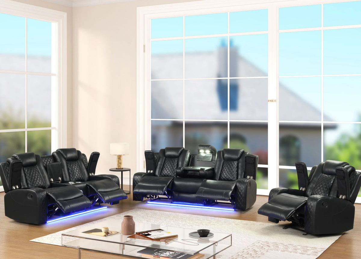 PRAGUE Black 3 Piece Reclining Livingroom with LED Lighting