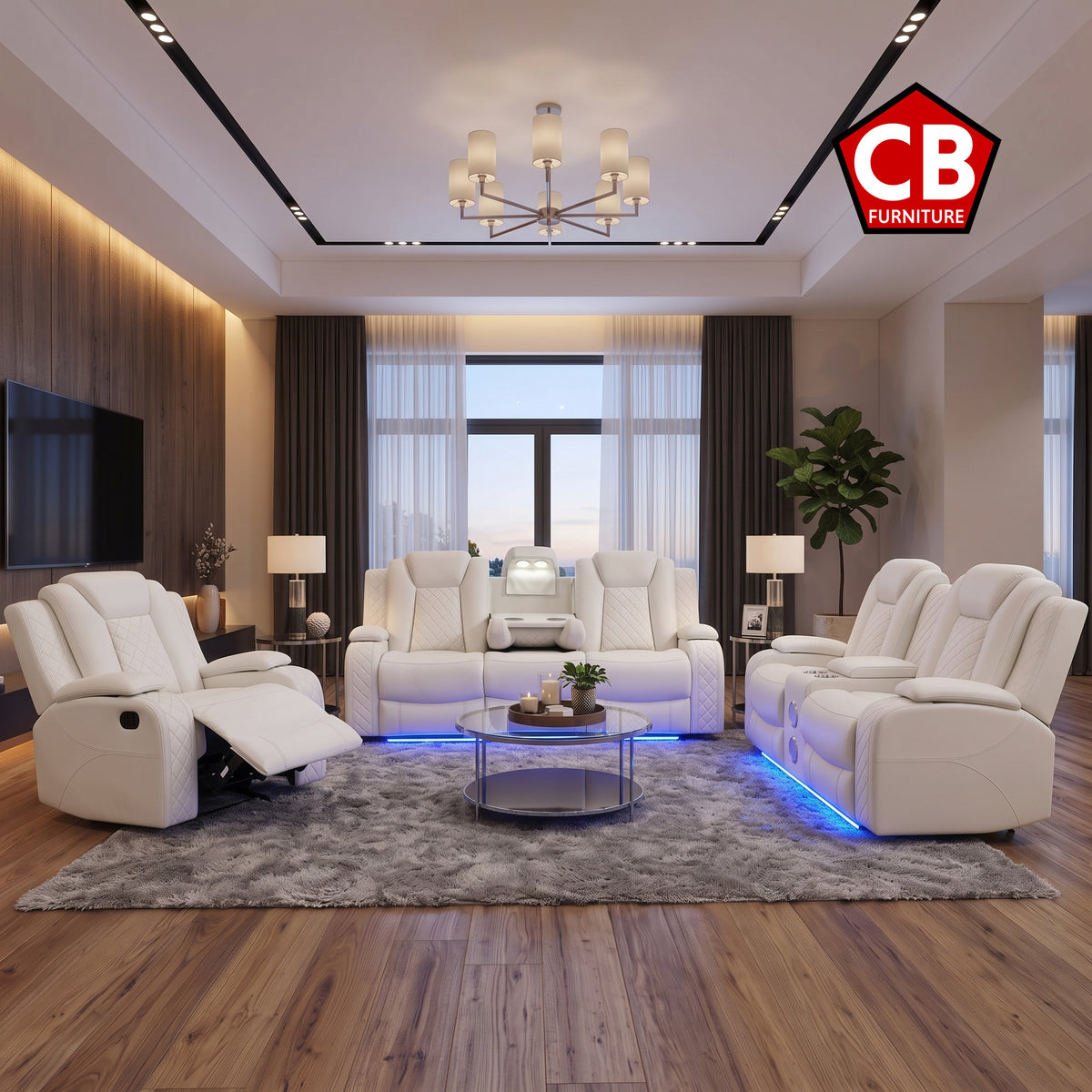 PRAGUE White 3 Piece Reclining Livingroom with Bluetooth Speakers