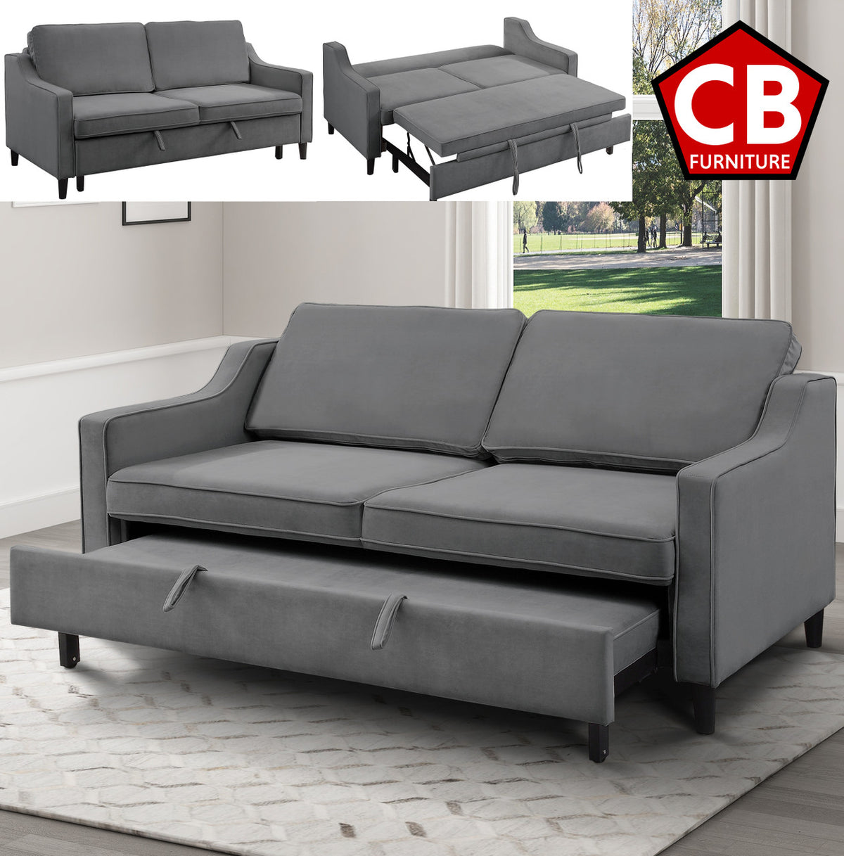 PRAISER Gray Velvet 72" Wide Sofa Sleeper