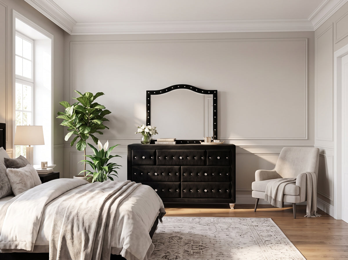 QUINTON Black 61" Wide Dresser & Mirror with Jewelry Storage