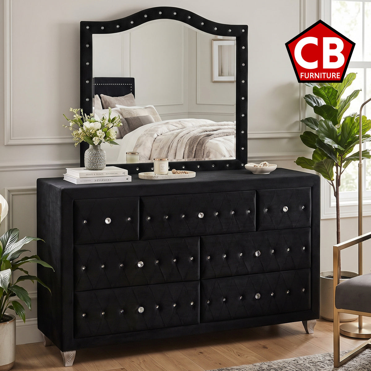 QUINTON Black 61" Wide Dresser & Mirror with Jewelry Storage