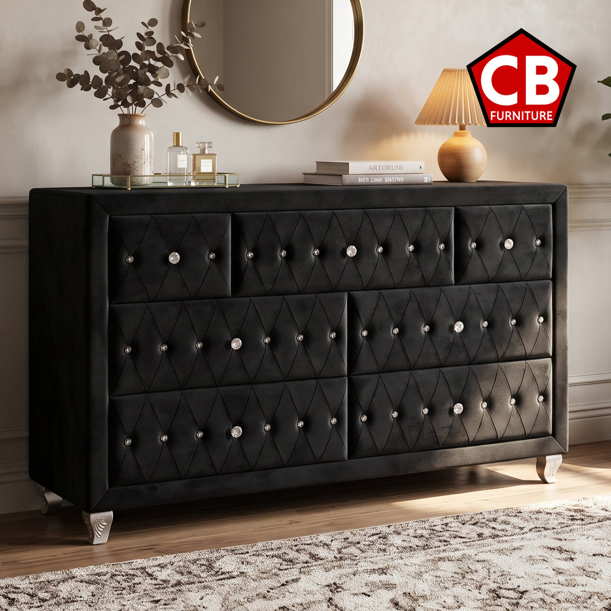 QUINTON Black Velvet 61" Wide Dresser with Jewelry Storage