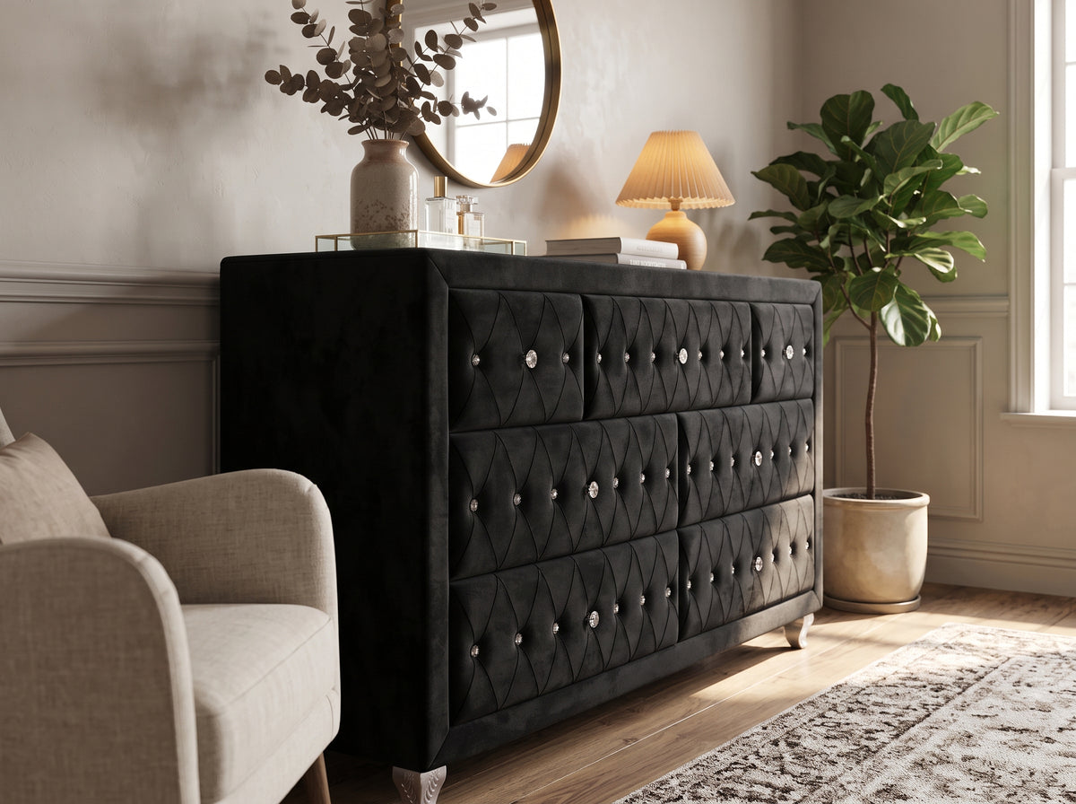 QUINTON Black Velvet 61" Wide Dresser with Jewelry Storage