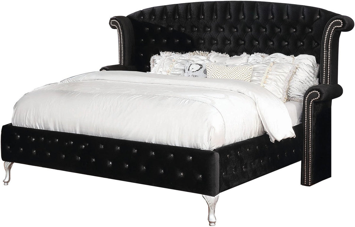 QUINTON Black Velvet Bedroom Set with Armrest Bed