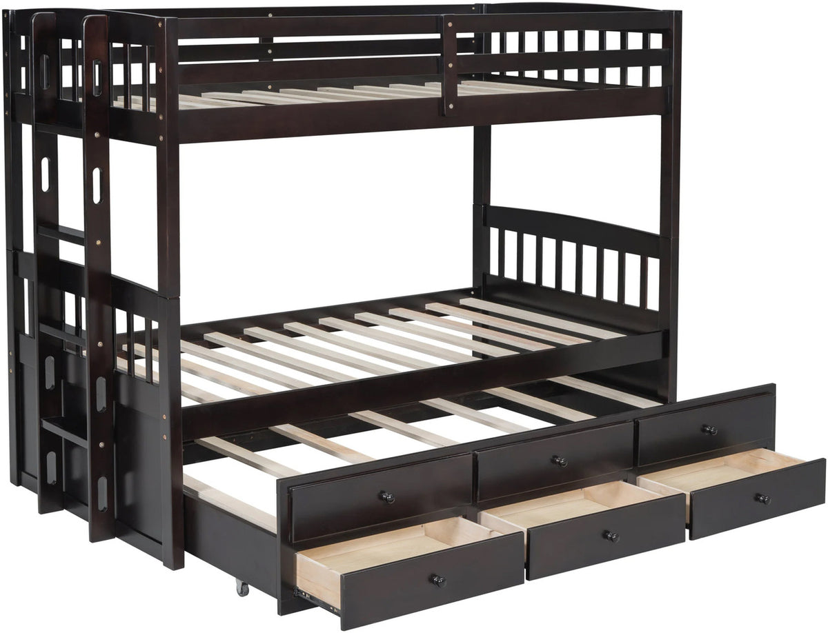 RASCAL Dark Brown Twin over Twin Bunk Bed with Trundle & Drawers