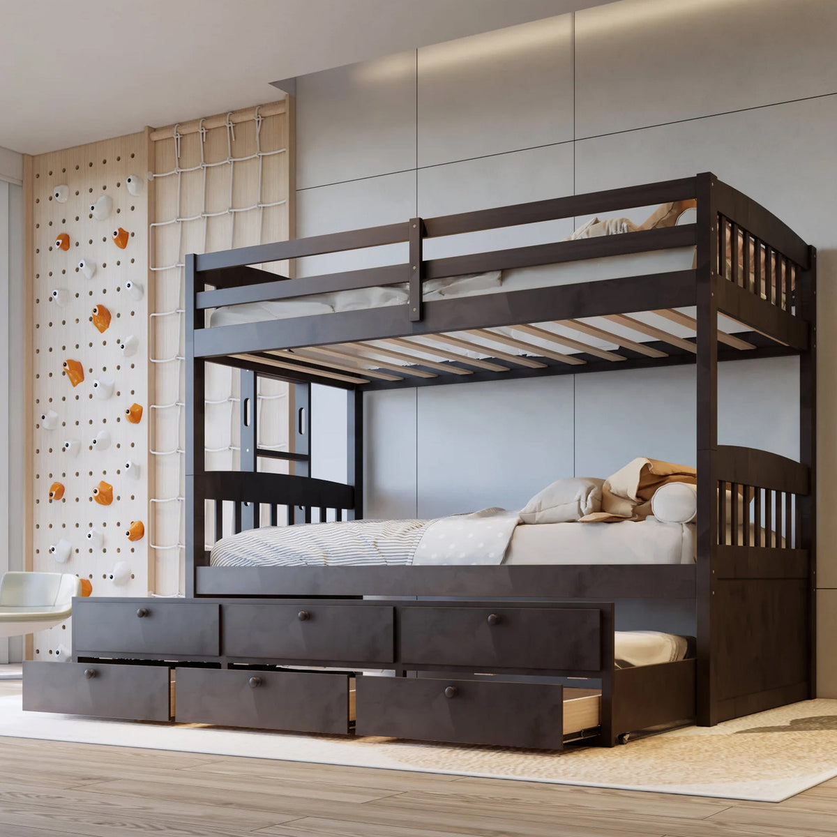 RASCAL Dark Brown Twin over Twin Bunk Bed with Trundle & Drawers