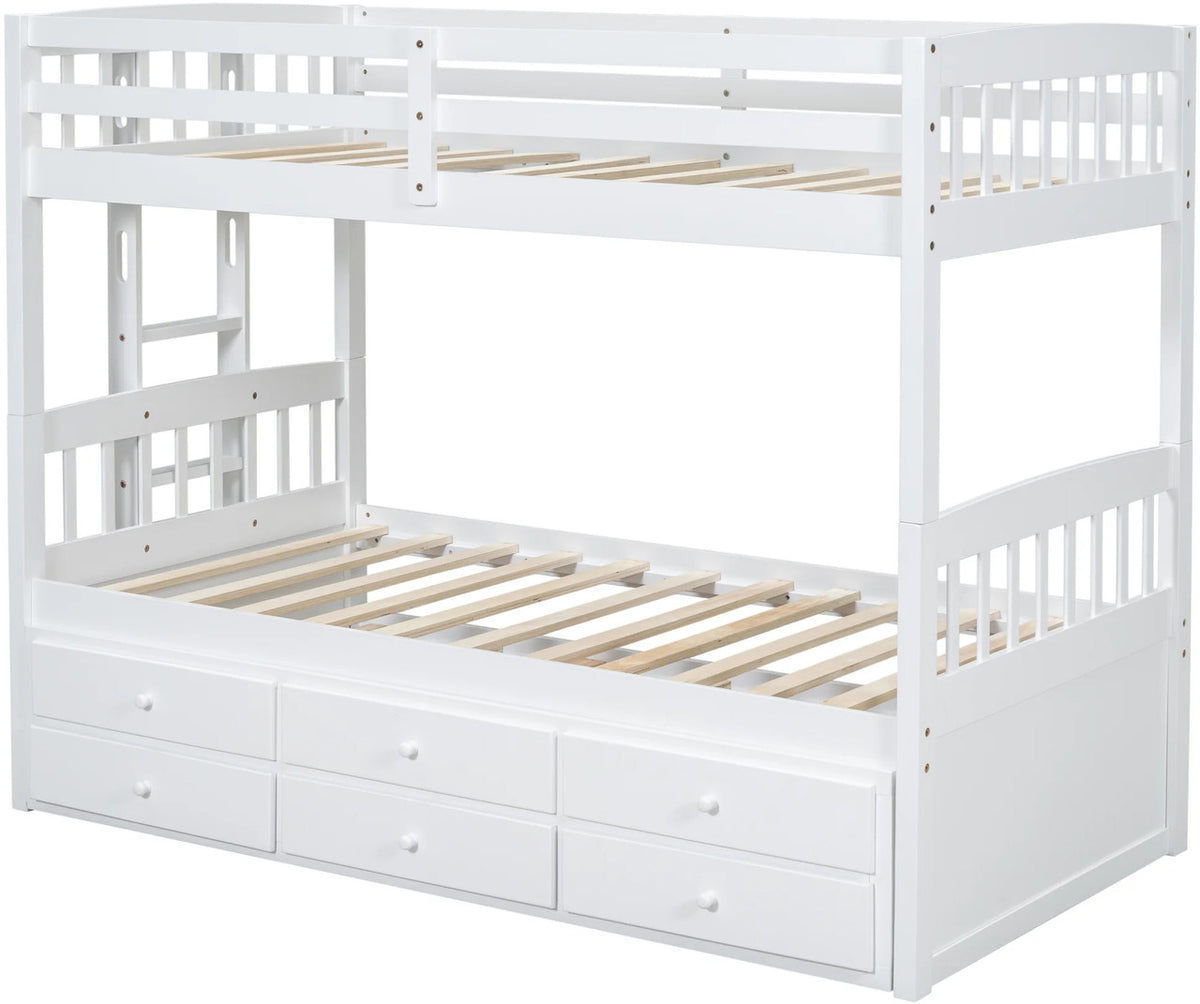 RASCAL White Twin over Twin Bunk Bed with Trundle & Drawers