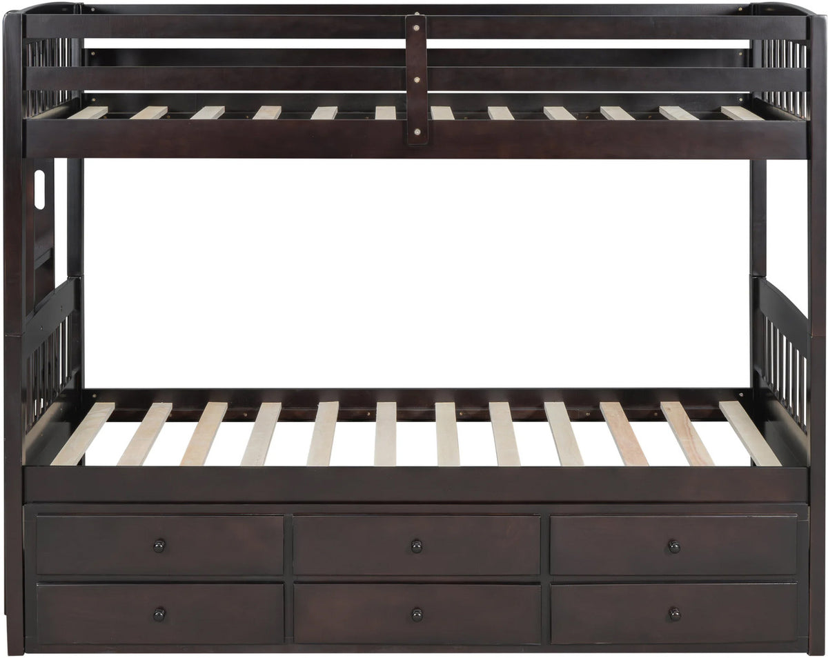 RASCAL Dark Brown Twin over Twin Bunk Bed with Trundle & Drawers
