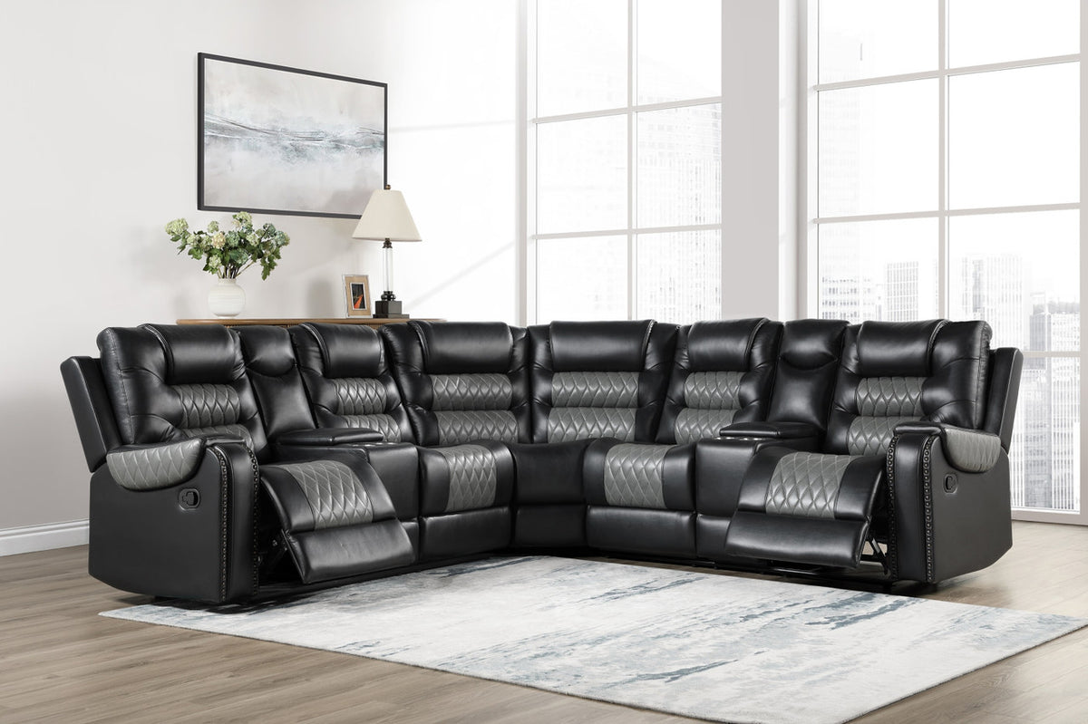 RAYBAN Black & Gray 112" x 112" Reclining Sectional