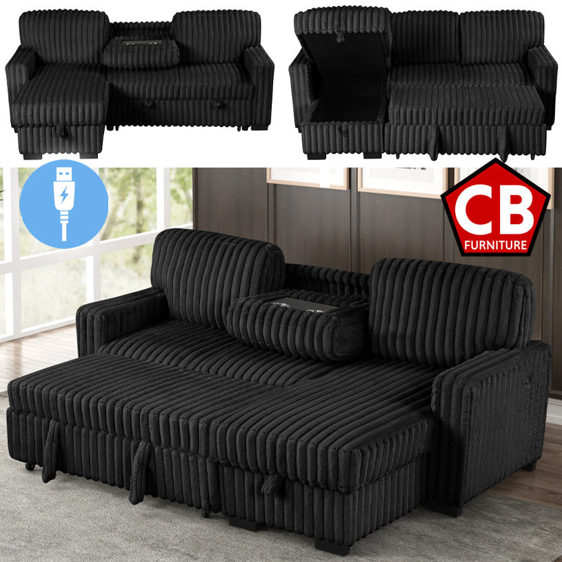 RENDON Black 93" Wide Reversible Sectional with Pull-Out Sleeper & Storage