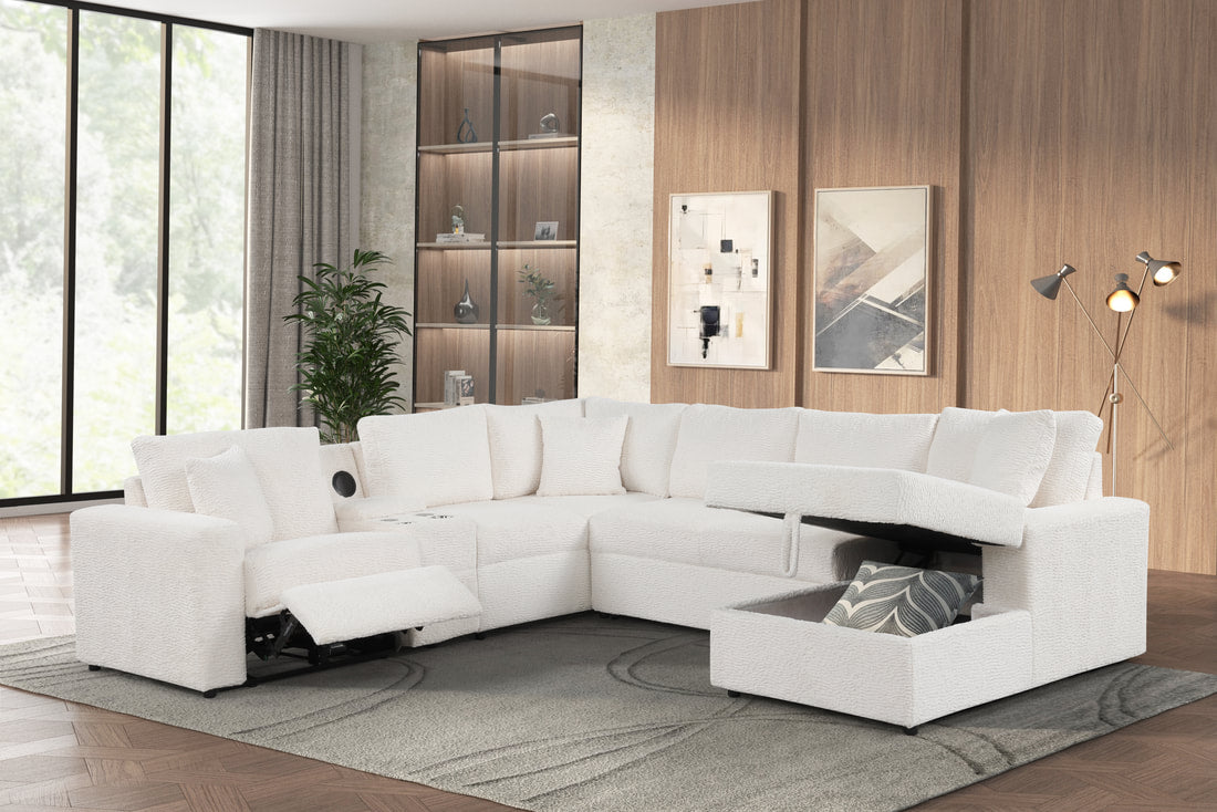 REUNION White 121" x 112" Reclining Sectional with Pull-Out Sleeper & Storage (Copy)