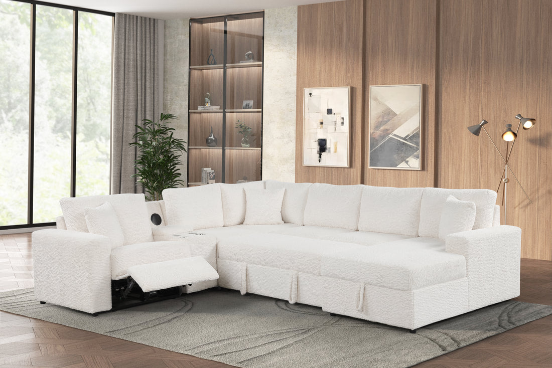 REUNION White 121" x 112" Reclining Sectional with Pull-Out Sleeper & Storage (Copy)