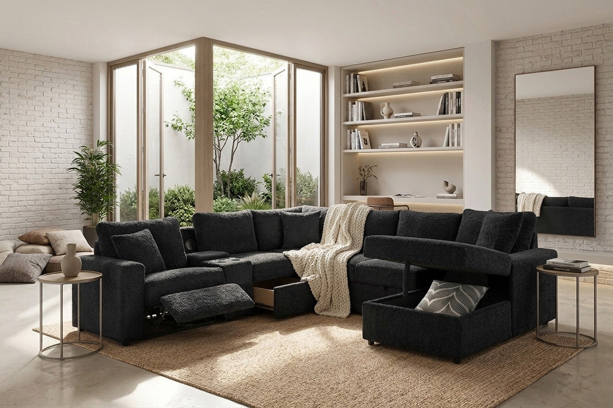 REUNION Black 121" x 112" Reclining Sectional with Pull-Out Sleeper & Storage