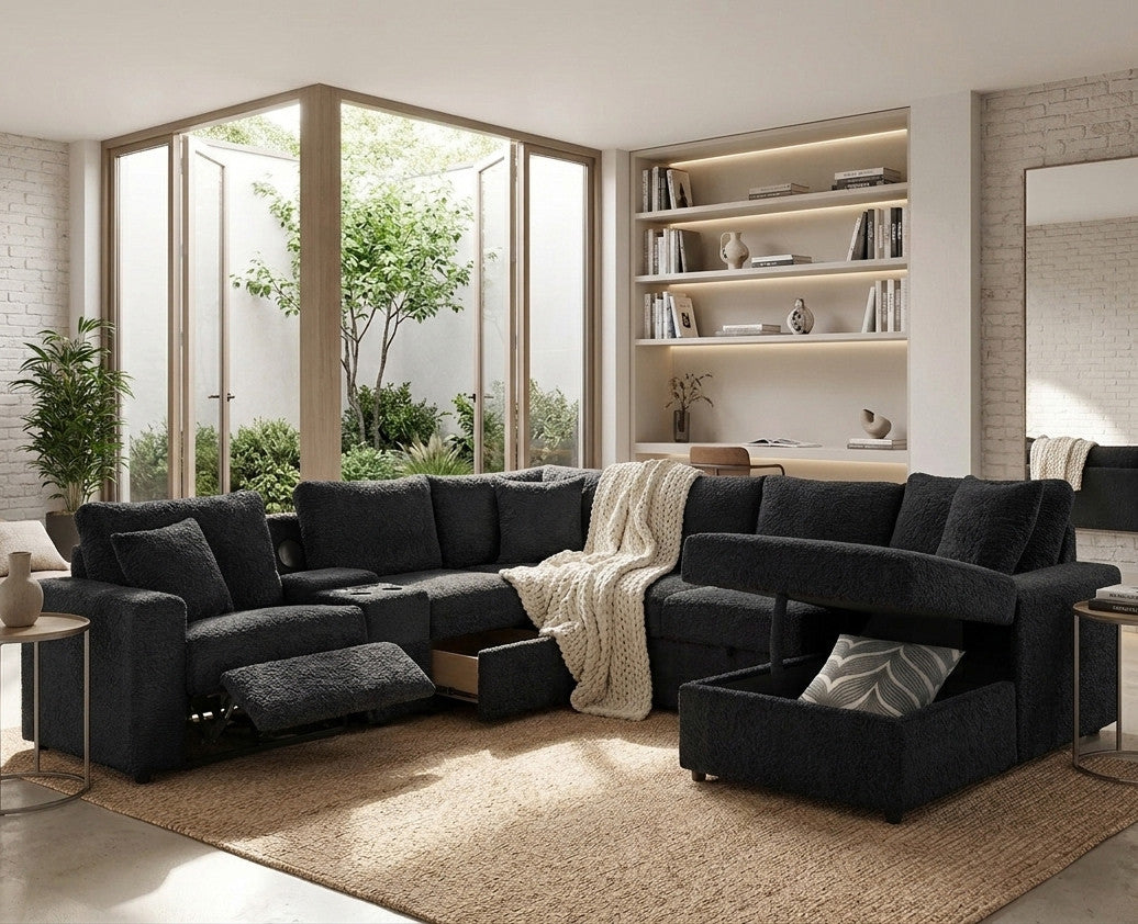 REUNION Black 121" x 112" Reclining Sectional with Pull-Out Sleeper & Storage