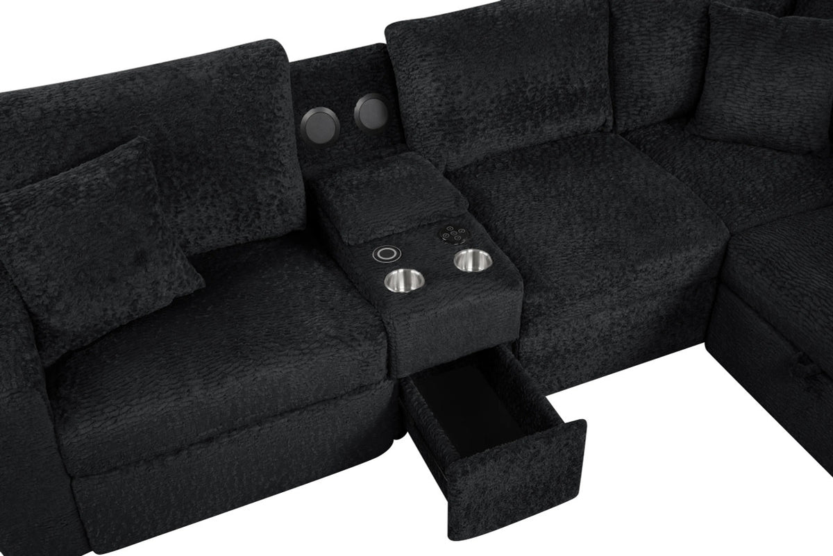 REUNION Black 121" x 112" Reclining Sectional with Pull-Out Sleeper & Storage