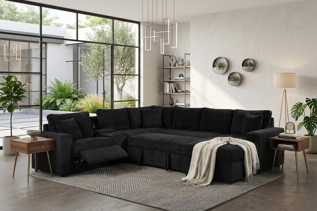 REUNION Black 121" x 112" Reclining Sectional with Pull-Out Sleeper & Storage