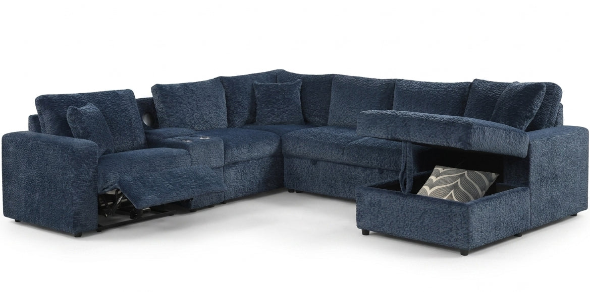 REUNION Navy Blue 121" x 112" Reclining Sectional with Pull-Out Sleeper & Storage