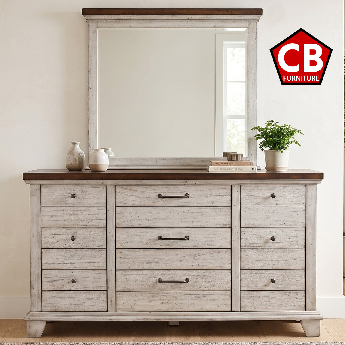 RICHARDSON Rustic White 66" x 78" Height Dresser & Mirror