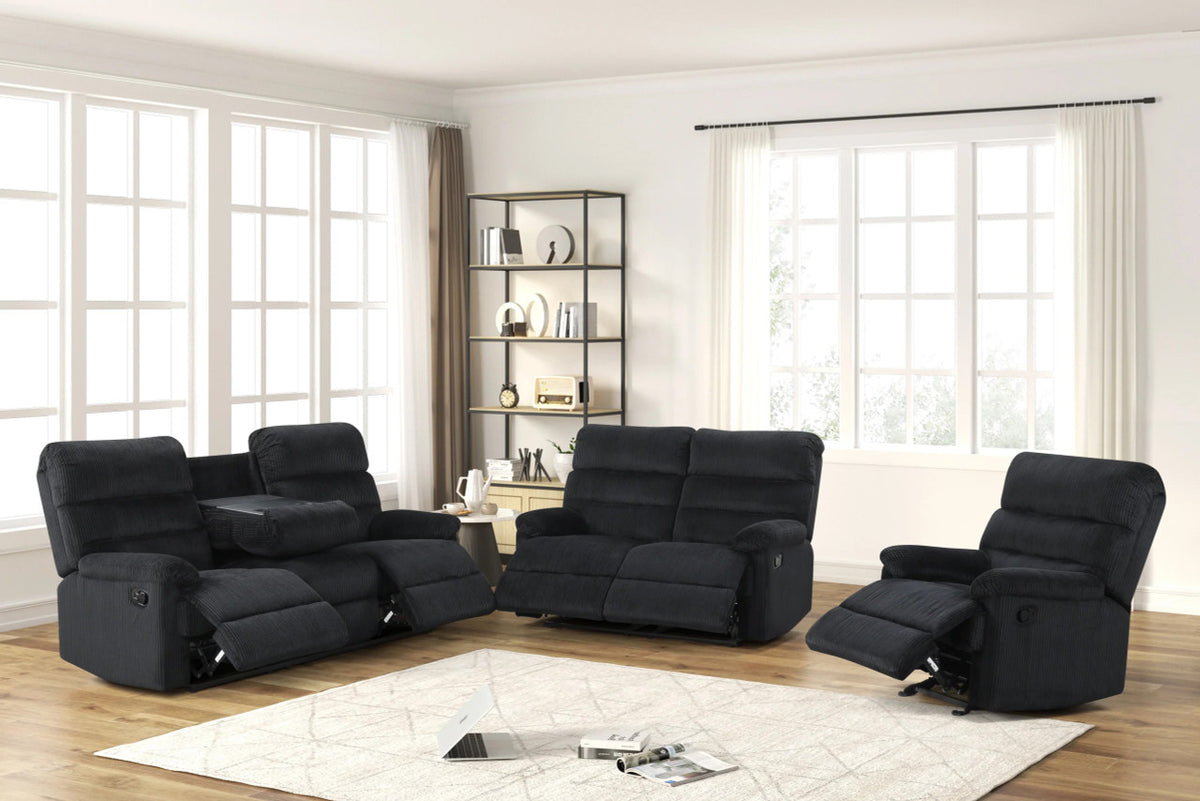 RIDDLER Black Corduroy 3 Piece Reclining Livingroom