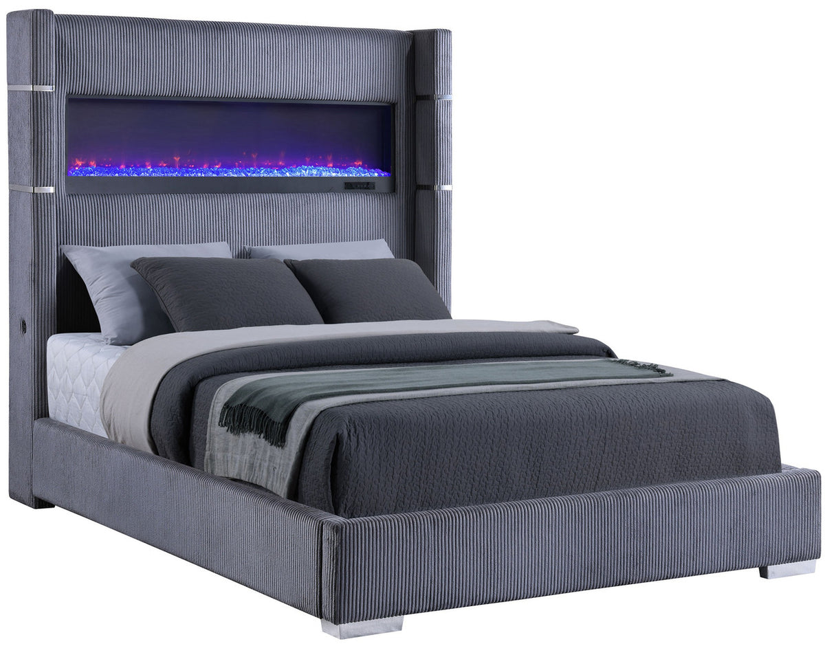 RACHEL Gray Corduroy Bed With Fireplace and USB