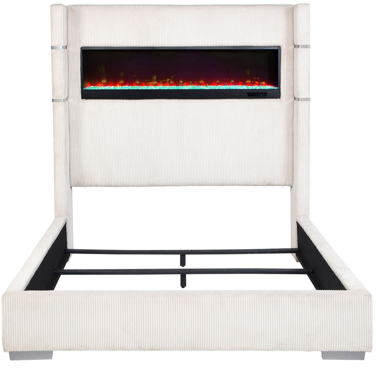 RACHEL White Corduroy Bed With Fireplace and USB