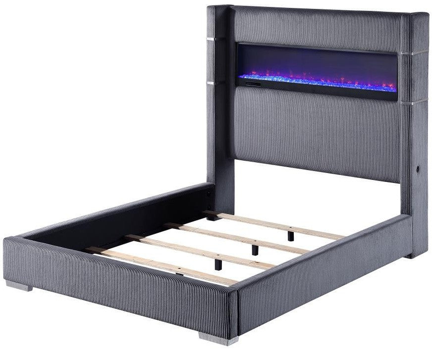 RACHEL Gray Corduroy Bed With Fireplace and USB