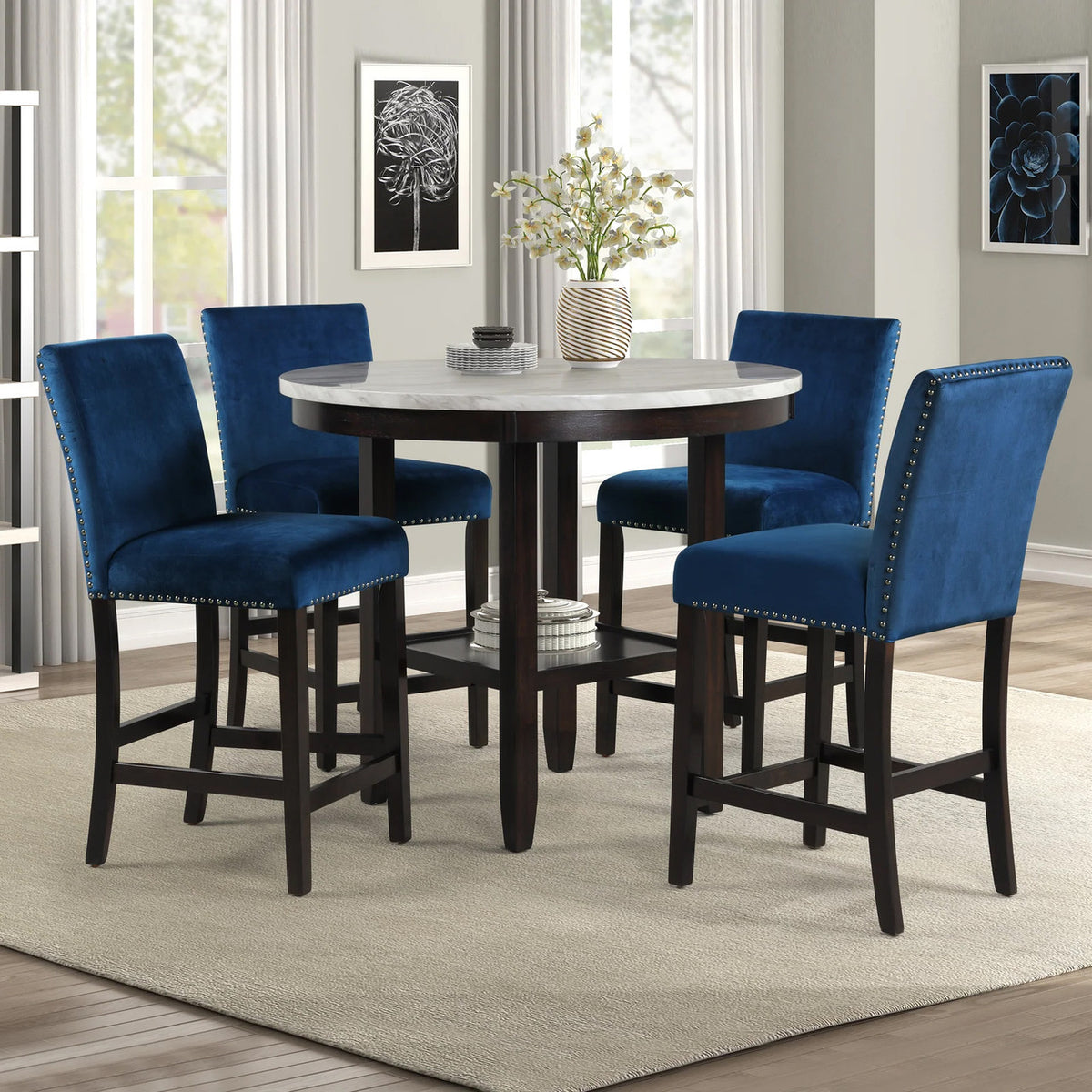 SAFIRE Blue & White 5 Piece Counter Height Set